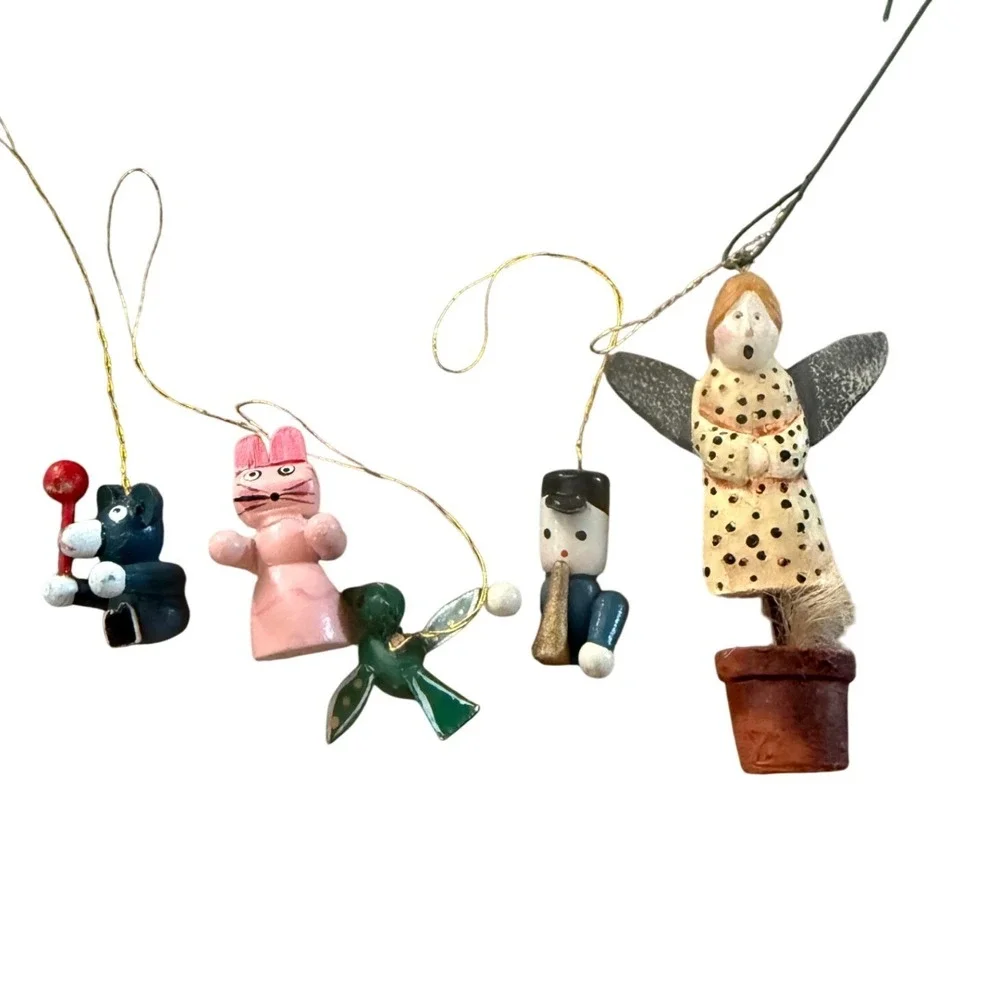 Vintage Miniature Hand Painted Wooden Christmas Ornaments Set of 5 Angel Soldier